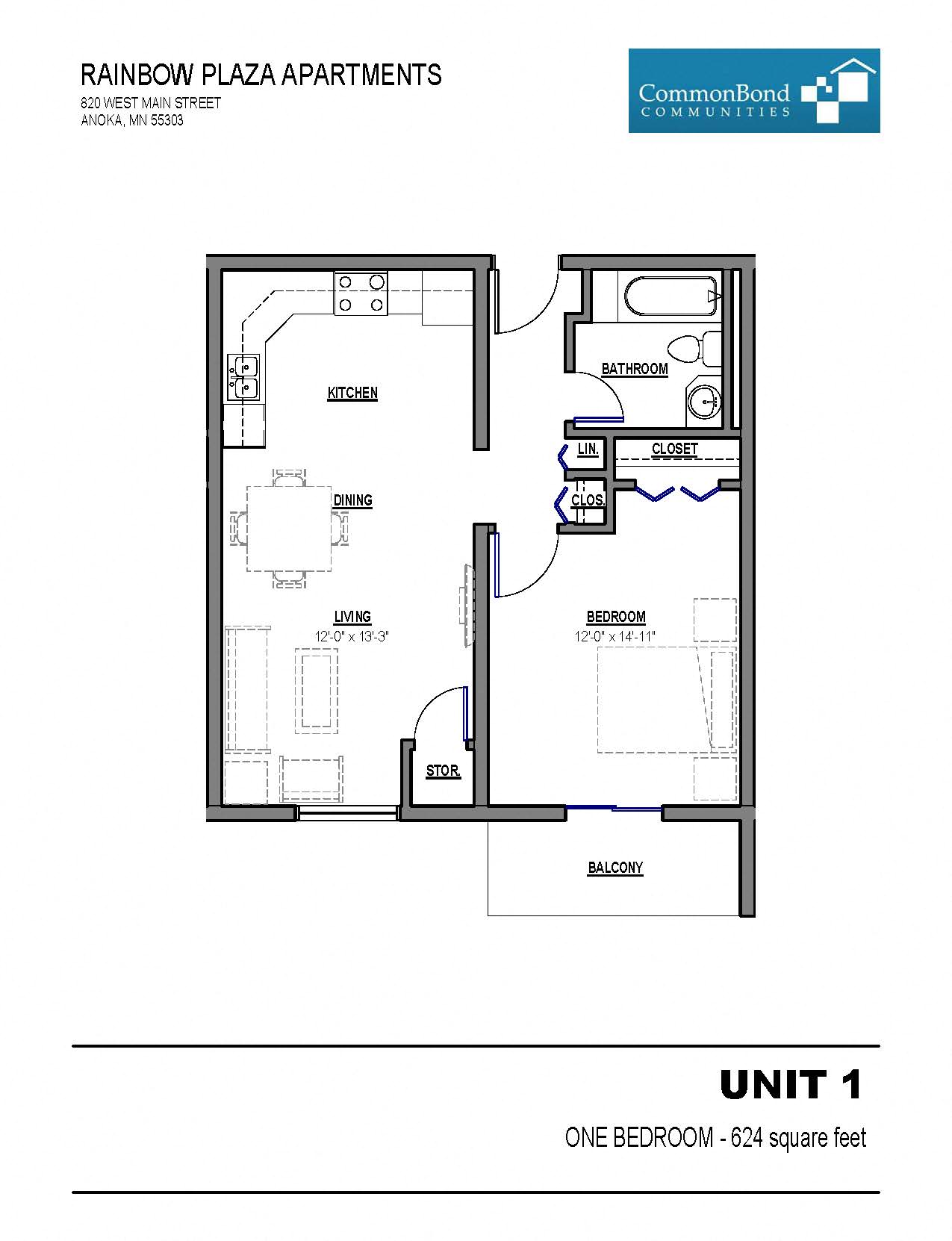 Floor plan for 1 bed, 1 bath, 624 sqft